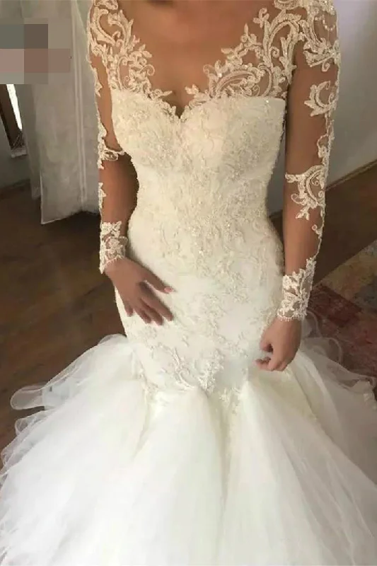 Mermaid Wedding Dresses with Long Sleeves V Neck Long Bridal Dresses with Lace Appliques N1436