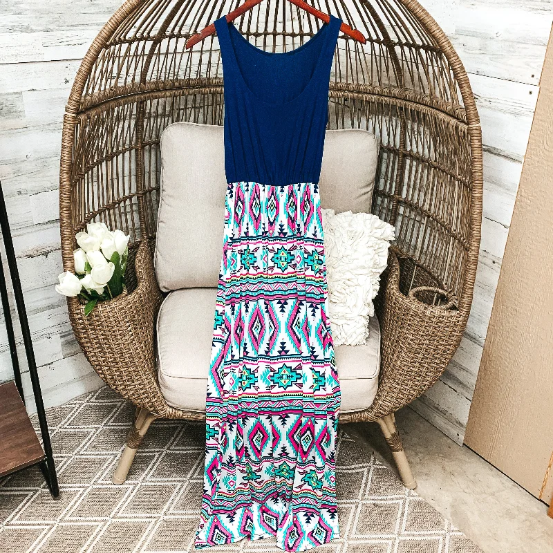 Last Chance Size Small | Navy Blue Tank Maxi Dress with Aztec Print | ONLY 1 LEFT!