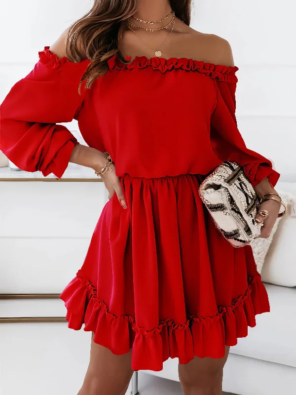 One-Shoulder Elastic Waist Long Sleeve Dress