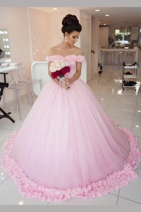 Pink Ball Gown Princess Off-the-shoulder Handmade Flower Wedding Dress N479