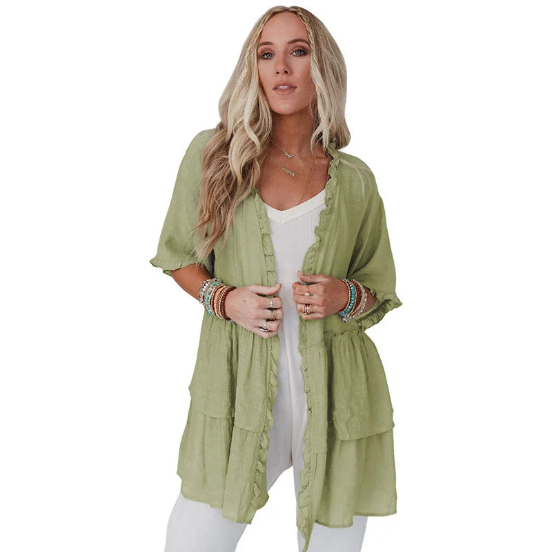 Pure Color Ruffles Cardigan Women's Summer Casual Top