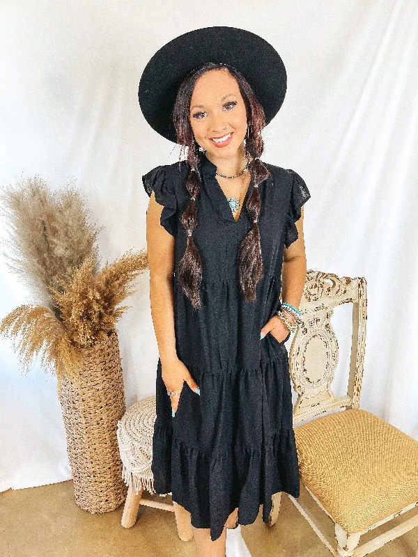 Last Chance Size Small | Magnolia Morning Ruffle Cap Sleeve Tiered Midi Dress in Black