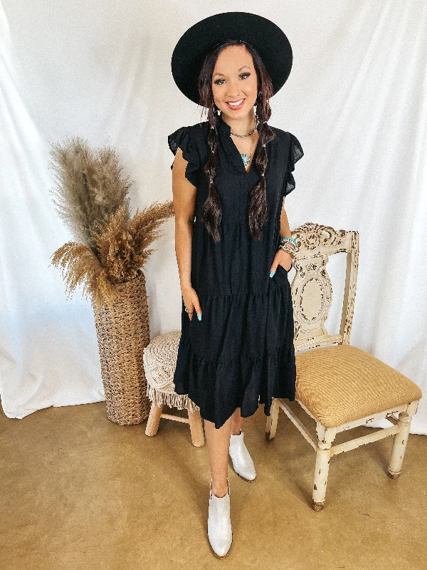 Last Chance Size Small | Magnolia Morning Ruffle Cap Sleeve Tiered Midi Dress in Black