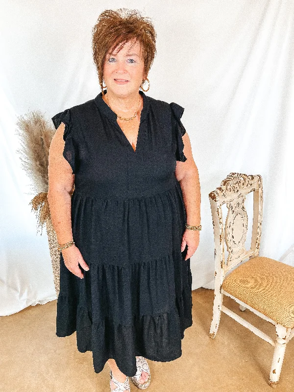 Last Chance Size Small | Magnolia Morning Ruffle Cap Sleeve Tiered Midi Dress in Black