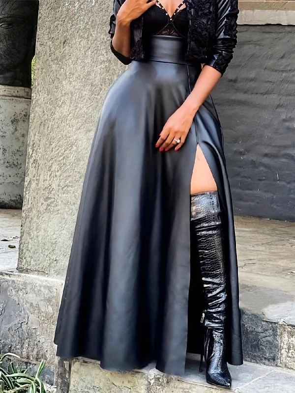 Sexy Solid High Waist PU Leather Side Slit Maxi Dress