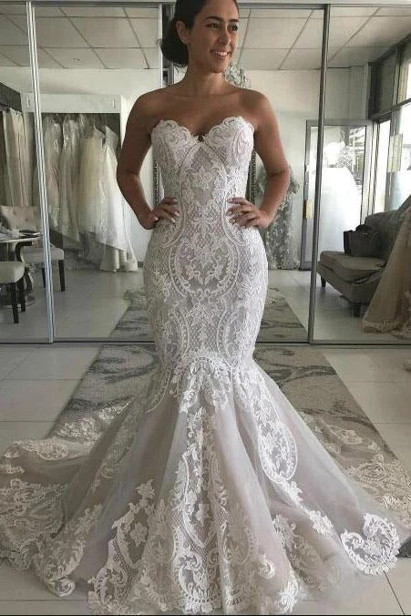 Sexy Sweetheart Mermaid Tulle Wedding Dresses with Lace Appliques