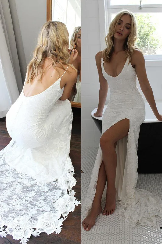 Spaghetti Straps Ivory Backless Lace Wedding Dress with Side Slit N945