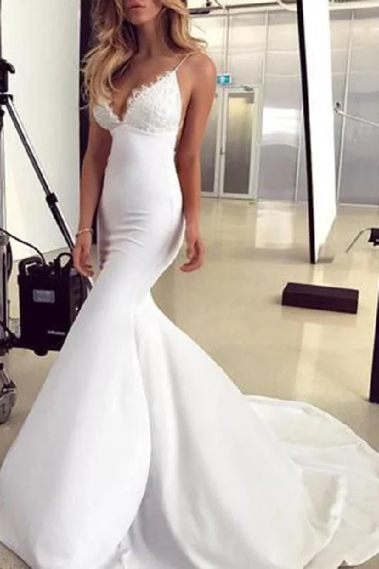 Spaghetti Straps Mermaid Wedding Dresses with Lace Appliques Sexy Backless Bridal Dresses N2508