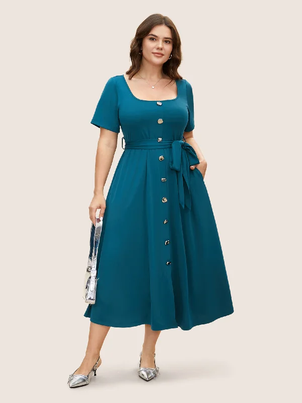 Square Neck Button Detail Belted Dress