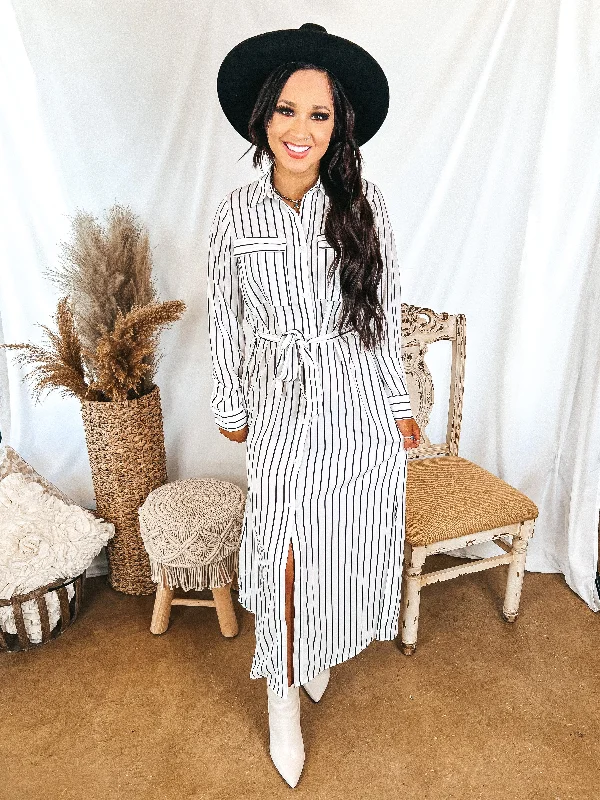 Dreaming of You Striped Button Up Maxi Dress in White