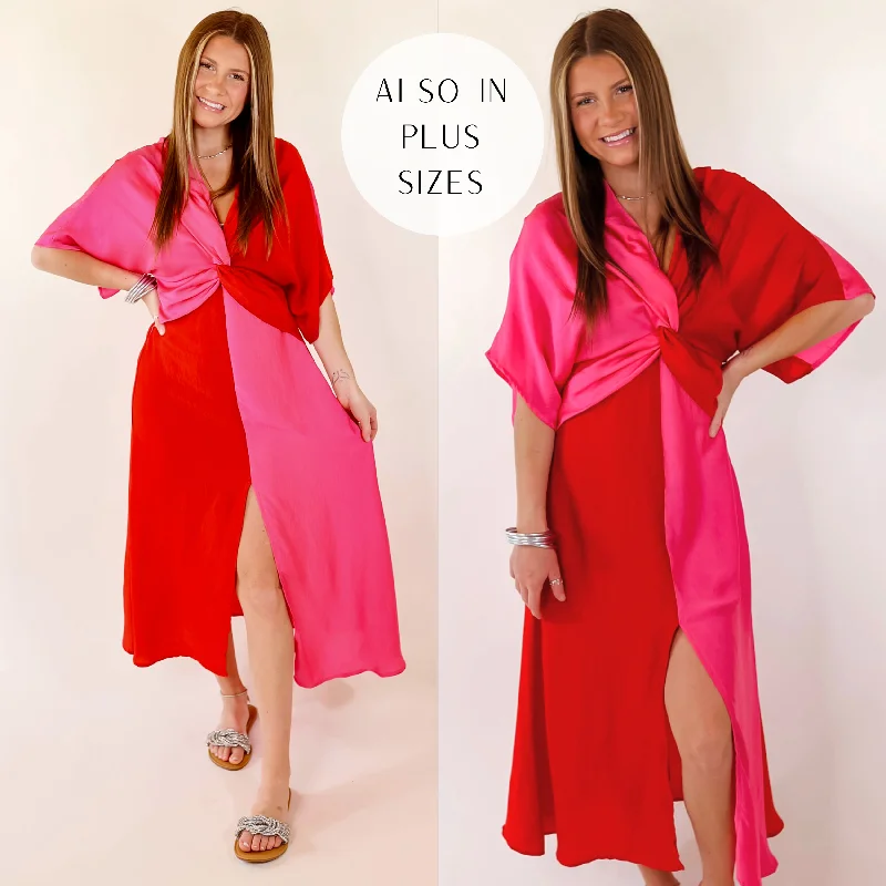 Last Chance Size Small & Medium | Take My Breath Away Front Knot Color Block Midi Dress in Red and Pink