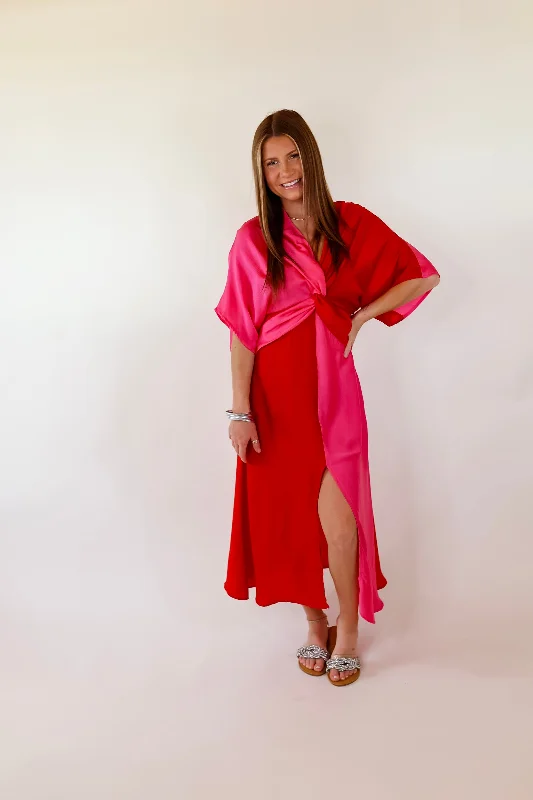 Last Chance Size Small & Medium | Take My Breath Away Front Knot Color Block Midi Dress in Red and Pink