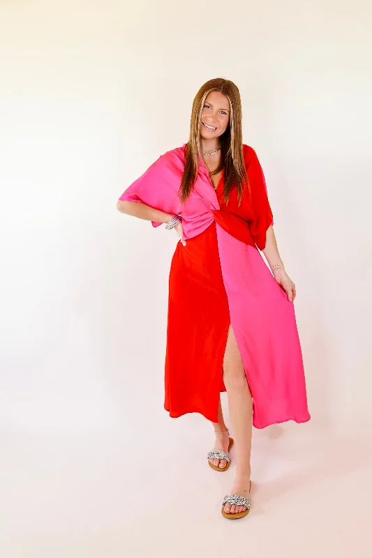 Last Chance Size Small & Medium | Take My Breath Away Front Knot Color Block Midi Dress in Red and Pink