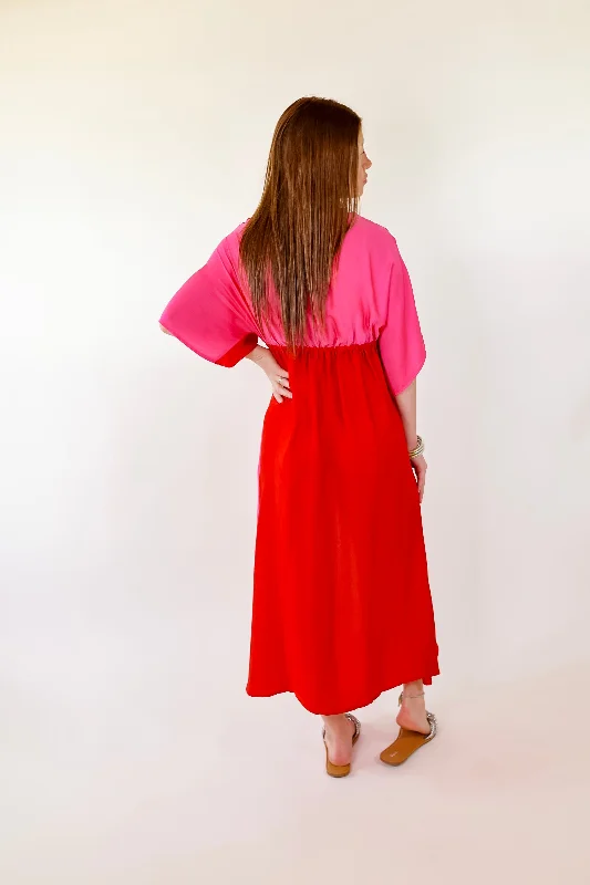 Last Chance Size Small & Medium | Take My Breath Away Front Knot Color Block Midi Dress in Red and Pink