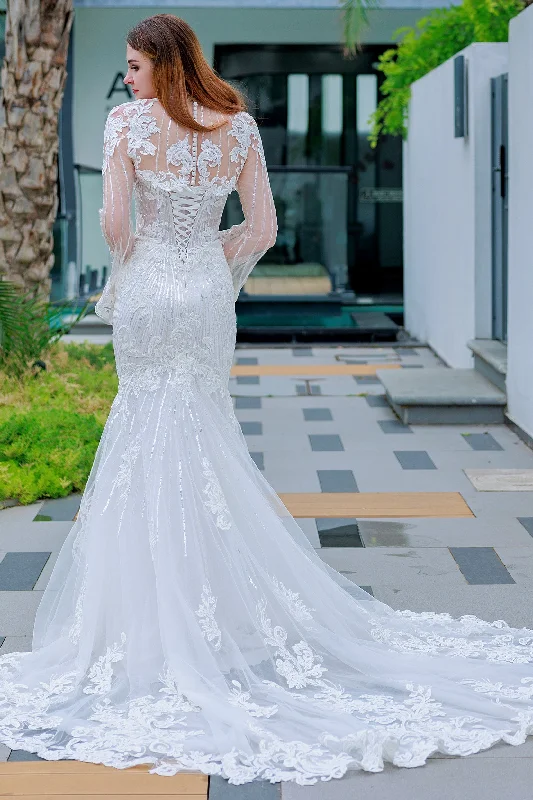 Trumpet-Mermaid Chapel Train Lace Sequined Wedding Dress CW3324