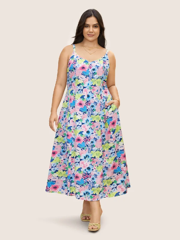 V Neck Watercolor Floral Pleated Maxi Dress