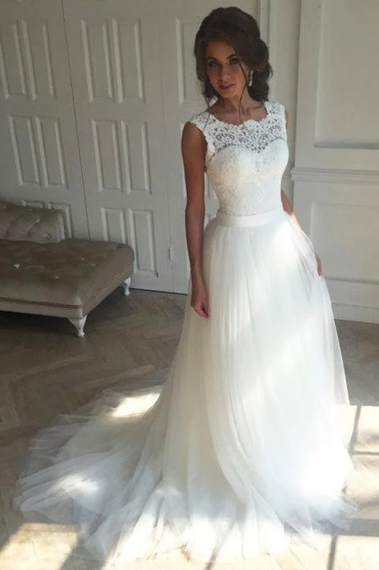 Elegant Scoop Sleeveless Tulle Lace Wedding Dress Bridal Gown