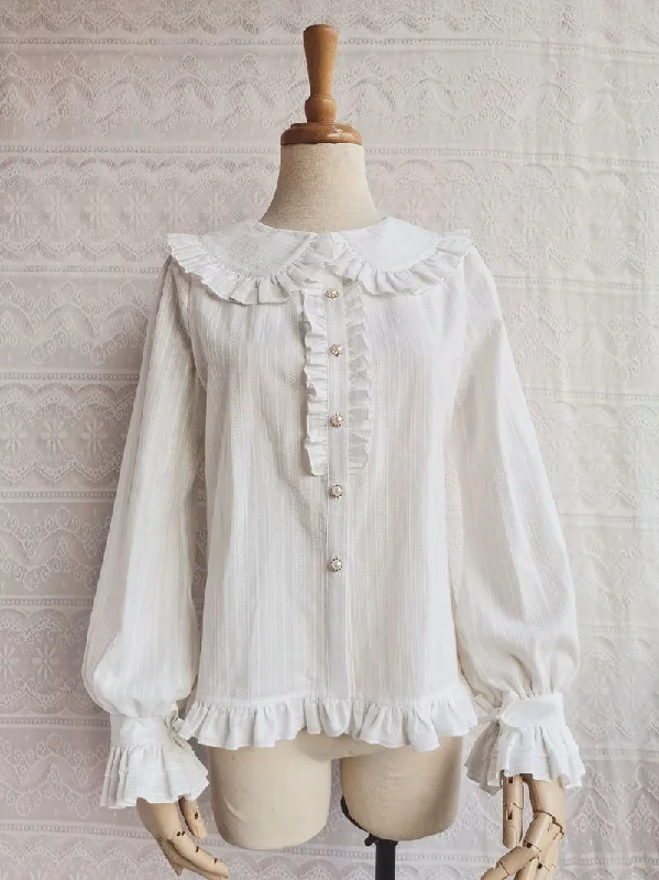 Yilia Autumn and winter Plush Girl Ruffle lolita Long sleeve cotton jacquard shirt Japanese style