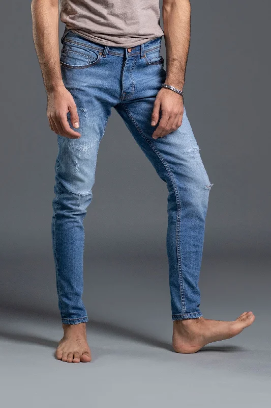 Men's Low - Rise Jeans in a Light Wash for a Casual and Youthful LookStretchable Skinny With Grinding Jeans (Light Blue) ( Aphatus )