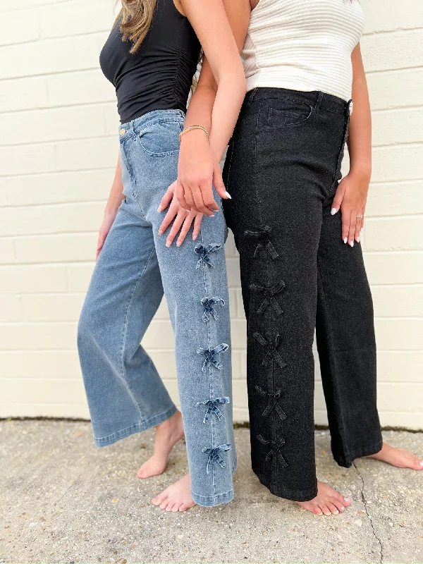 Men's Jeans with a Zip - Off Lower Leg for Convertible StyleBlack Bow Trim Denim Pants