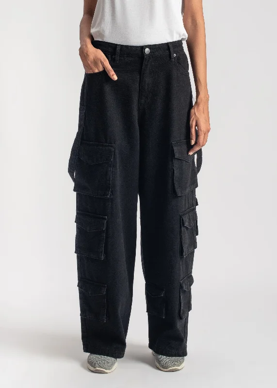 Men's Stretch Jeans with a Moisture - Wicking Lining for Active LifestylesBlack Multi Pocket Cargo Jeans-Women