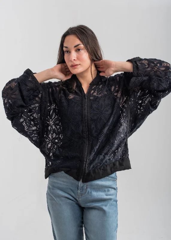 Men's High - Waisted Jeans in a Medium Wash for a Vintage - Style RevivalBlack Zip Up Lace Blouse