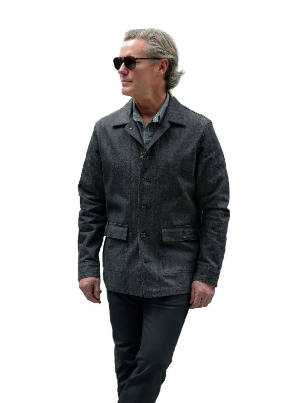 Men's Distressed Jeans with Patches for a Retro and DIY - Inspired AppearanceBlackthorn Denim Craftsman Carpenter Jacket