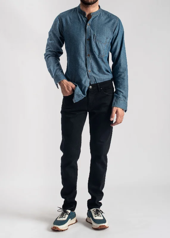 Men's Slim Fit Stretch Jeans in Dark Wash for a Modern and Comfortable LookBlue Denim Shirt-Kurta Collar