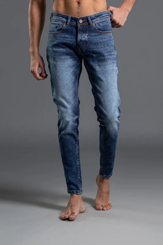 Men's Jeans with a Frayed Hem for a Casual and Effortless StyleMid Rise Skinny Denim Jeans (Blue)