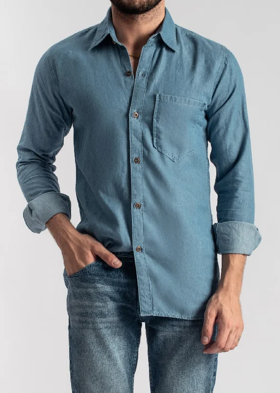 Men's Distressed Jeans with Patches for a Retro and DIY - Inspired AppearanceCerulean Denim Shirt