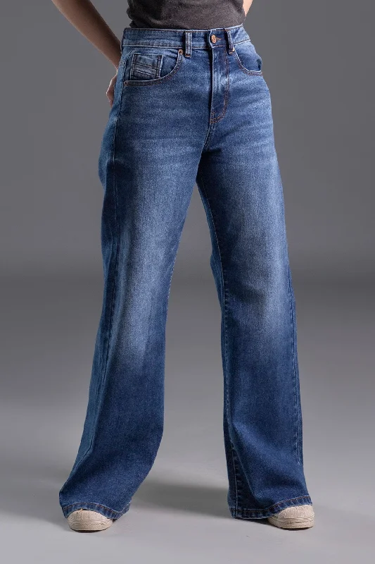 Men's Jeans with a Frayed Hem for a Casual and Effortless StyleHigh Rise Stretchable Flared Jeans (Mid Blue) ( GALAXIAL )