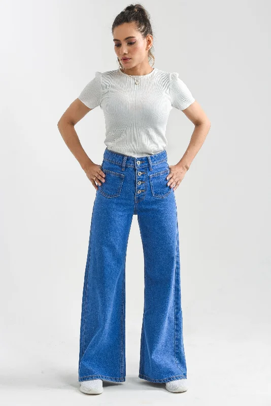 Men's High - Waisted Jeans in a Medium Wash for a Vintage - Style RevivalHigh Waist Blue Denim Flared Jeans