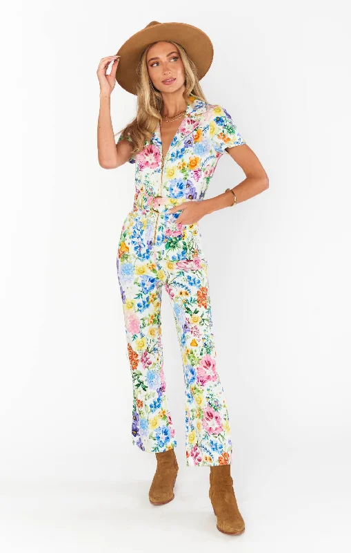 Men's Jeans with a Hidden Coin Pocket for Added ConvenienceJacksonville Short Sleeve Cropped Jumpsuit ~ Ivory Botanical Floral Denim
