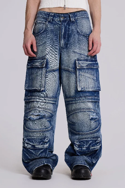 Men's Distressed Jeans with Patches for a Retro and DIY - Inspired AppearanceLight Wash Apex Denim Cargos