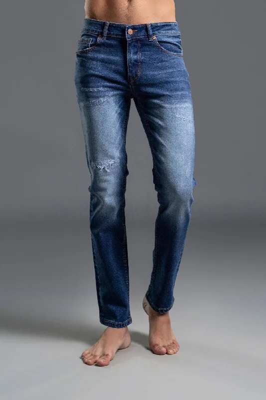 Plus Size Men's Bootcut Jeans with a Belt Loop Upgrade for a Stylish TouchMid Rise Ripped Slim-Fit (Midnight Blue) (Mainman )