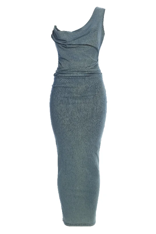 Men's Jeans with an Elastic Waistband for Ultimate ComfortMedium Wash Denim Krishna One Shoulder Maxi Dress