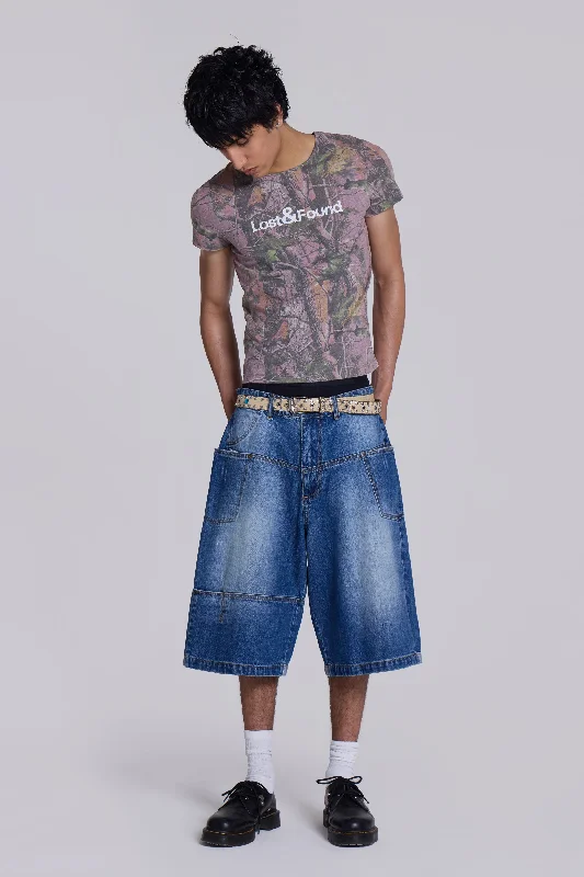 Men's Ripped Skinny Jeans in Acid Wash for an Edgy and Punk - Inspired StyleMid Blue Mason Jorts