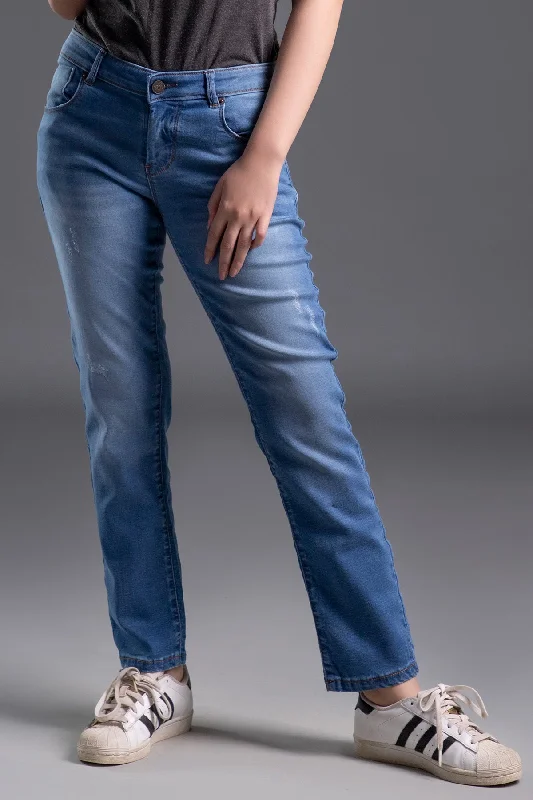 Plus Size Men's Straight Leg Jeans with Reinforced Knees for DurabilityMid Rise Slim-Fit Stretchable Jeans (Light Blue) ( RUSSIAN LAKE )