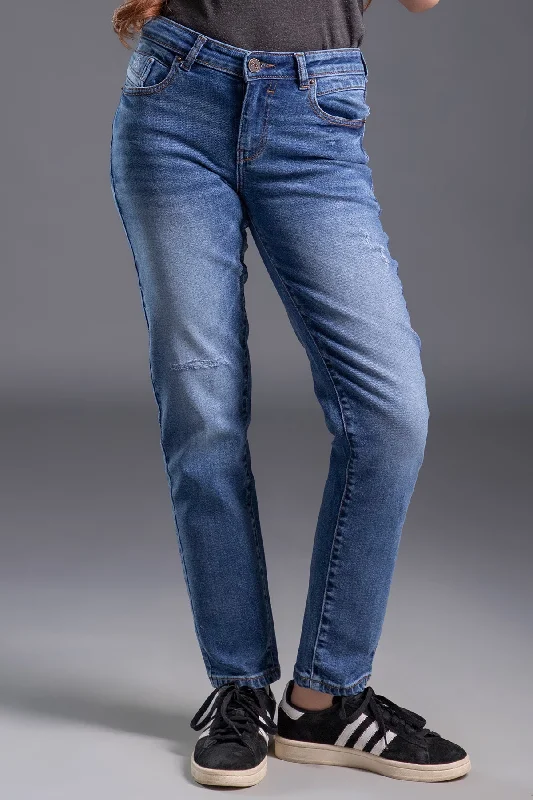 Men's Distressed Jeans with Patches for a Retro and DIY - Inspired AppearanceMid Waist Slim-Fit Stretchable Jeans (Light Blue) ( MISTRESS )