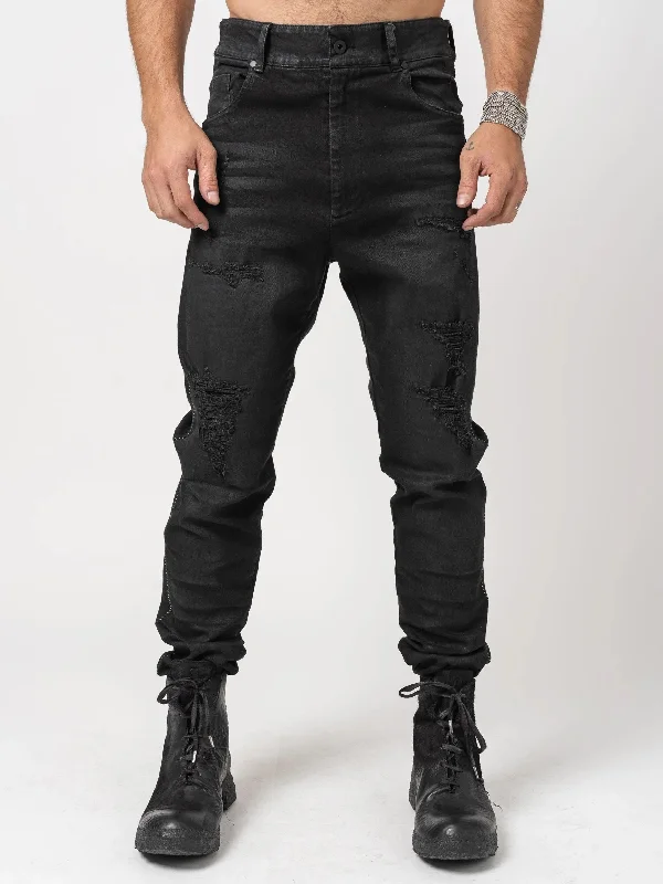 Men's Jeans with a Cargo - Inspired Knee Pocket for Extra StorageLow Crotch Jeans with Leather Effect
