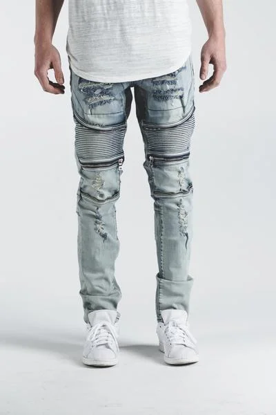 Men's Jeans with a Cargo - Inspired Knee Pocket for Extra StoragePete Biker Denim ( Light Blue)