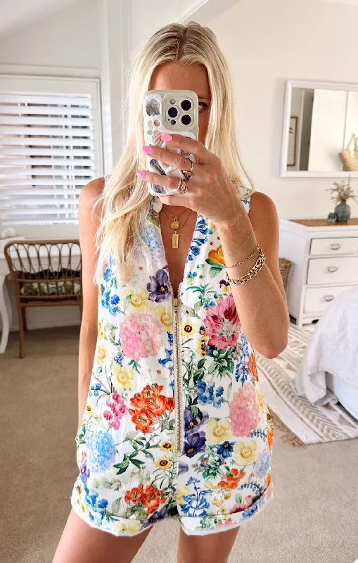 Men's High - Waisted Jeans in a Medium Wash for a Vintage - Style RevivalReno Romper ~ Ivory Botanical Floral Denim