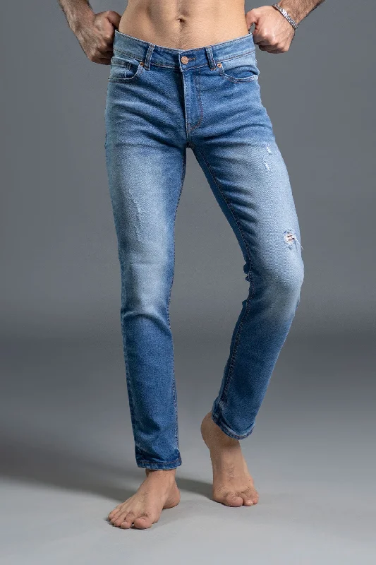 Men's Jeans with a Cargo - Inspired Knee Pocket for Extra StorageRip & Repair Mid Rise Jeans (Light Blue)