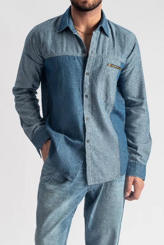 Men's Jeans with a Frayed Hem for a Casual and Effortless StyleTwo-tone Denim Shirt