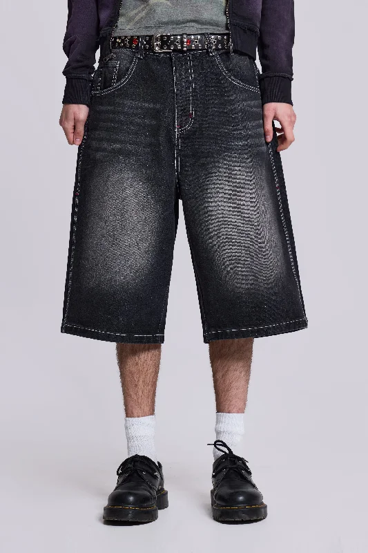 Men's Distressed Jeans with Patches for a Retro and DIY - Inspired AppearanceWashed Black Jumbo Jorts