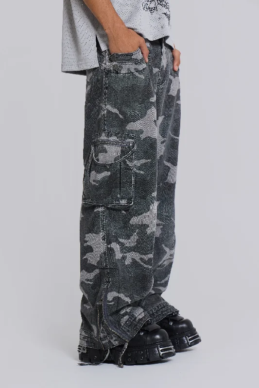 Men's Jeans with a Zip - Off Lower Leg for Convertible StyleWashed Black Trooper Camo Cargo Pant