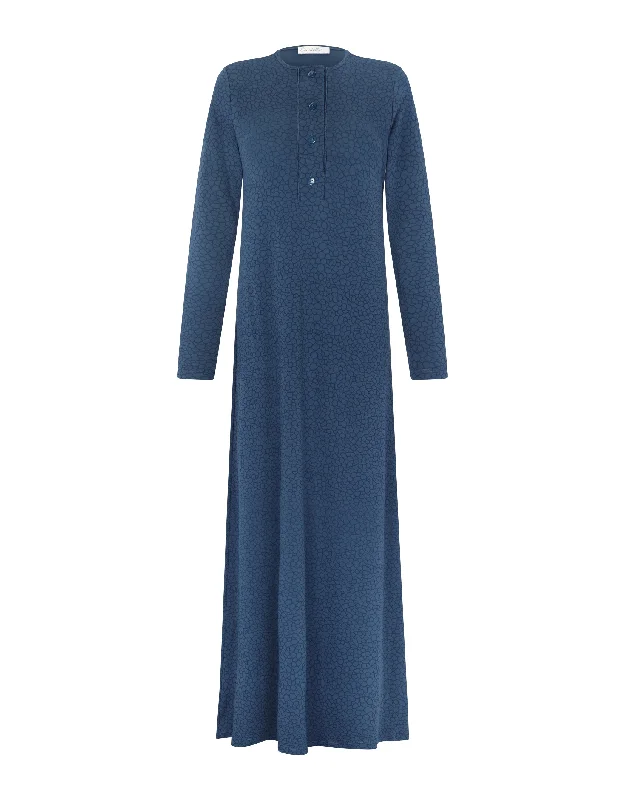 Long - length men's robes for full - body coverageButton Front Nightgown with Craquelure Motif Blue