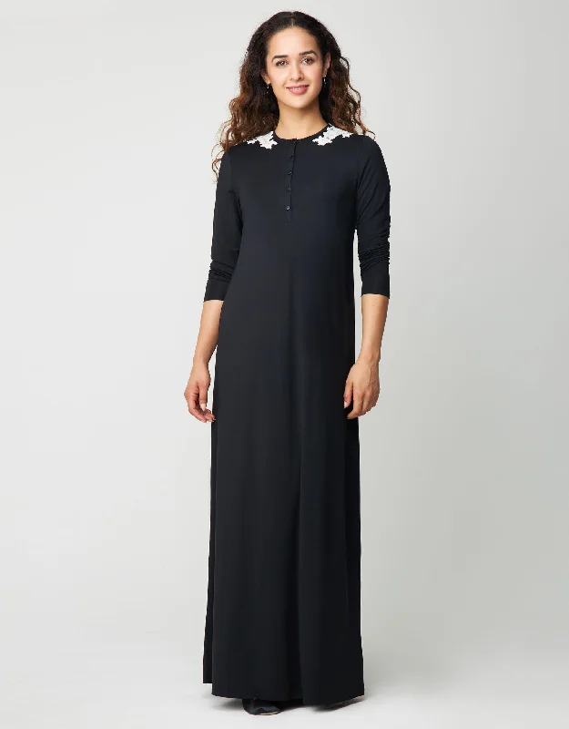 Lightweight men's robes for summer loungingButton Front Nightgown with Lace Shoulder Appliqué Black