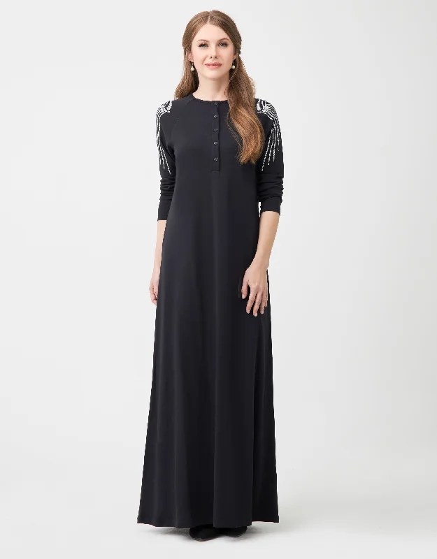 Short - style men's robes for a modern lookButton Front Nightgown with Sleeve Trim Black