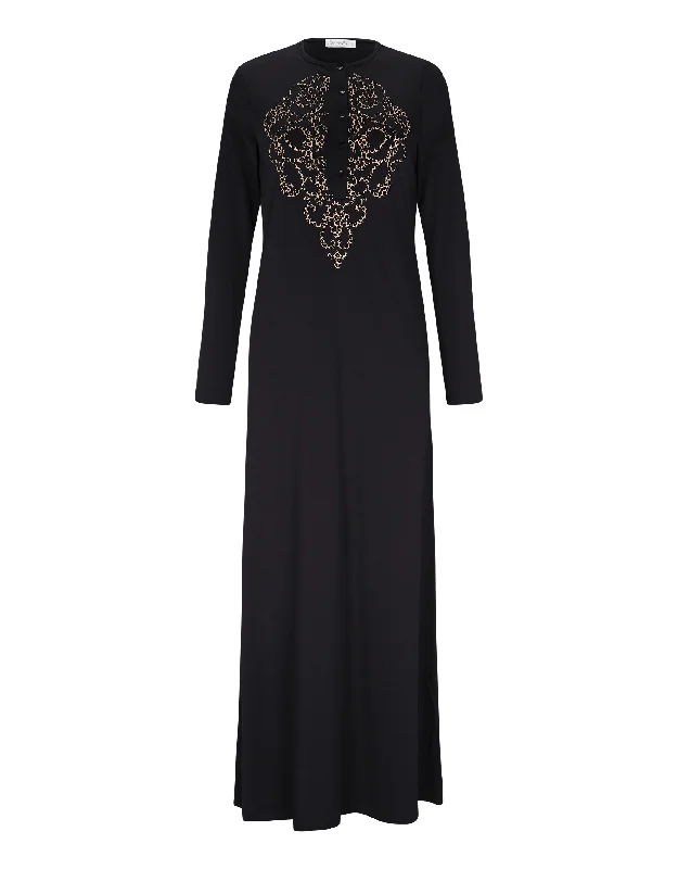 Short - style men's robes for a modern lookButton Nightgown with Flocked Medallion Motif Black